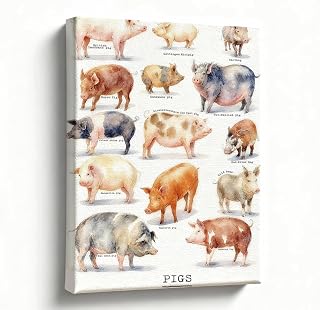 Farmhouse Kitchen Wall Art, 8x10 Inches, Pig Breeds Canvas Print, Country Rustic Animal Chart, Vintage Farm Decor for Kitchen Dining Room Laundry Room, Ready to Hang