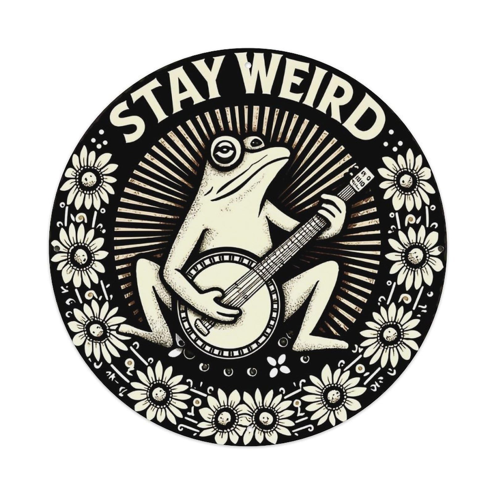 Frog Playing Banjo With Flowers Retro Metal Sign Round Tin Sign, Vintage Decor Art Poster for Bar, Home, Man Cave, Kitchen, Laundry Room Gift 8x8Inch