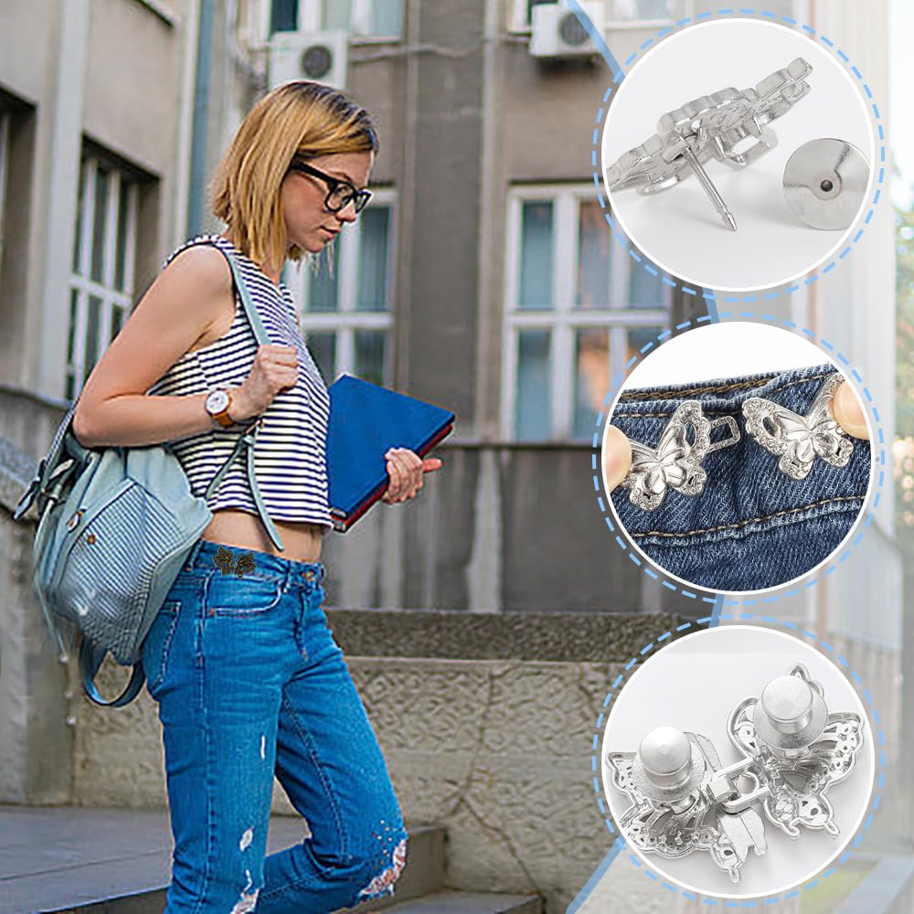 8 set di bottoni per jeans a farfalla per jeans larghi, clip regolabili e staccabili in vita per vita, senza bottone da cucire, per jeans da donna, pantaloni e gonne