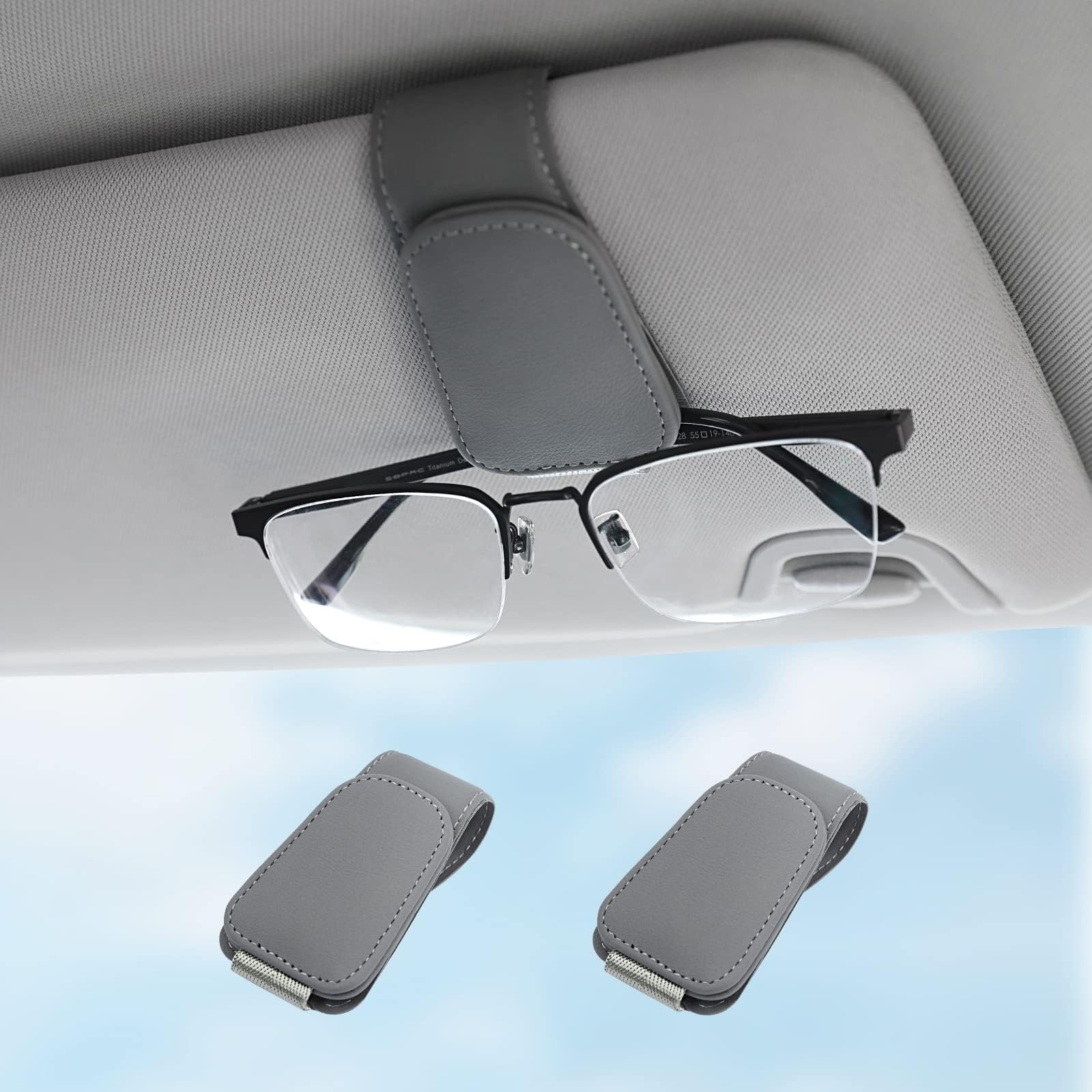 KanSmart Sunglass Holder for Car Visor Sunglasses Clip Magnetic Leather Glasses Eyeglass Holder Interior Car Accessories for Woman Man - 2 Packs Gray