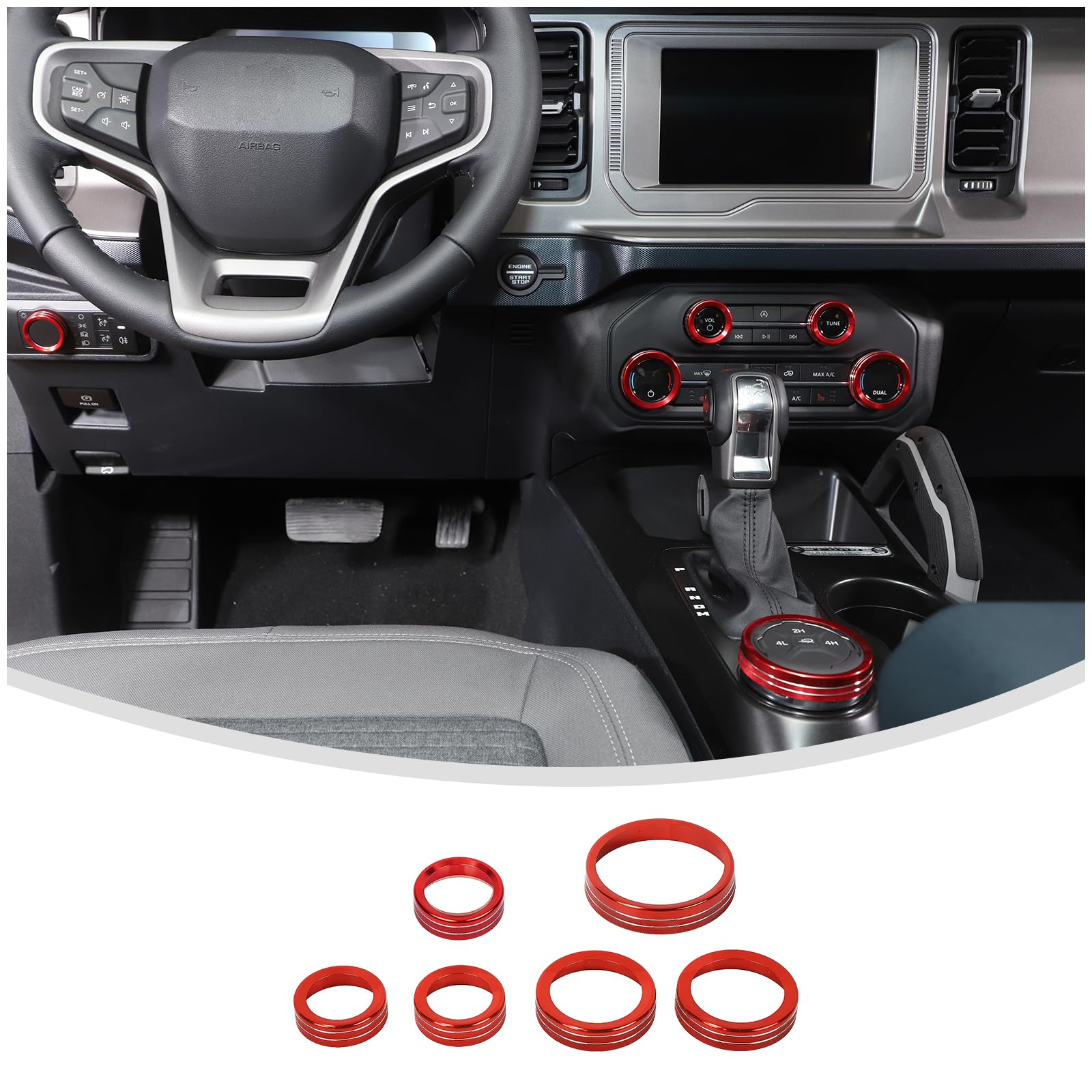 Linskip Dashboard Control Knob Trim Set for Ford Bronco 2025-2021, Aluminum Switch Knob Covers for Bronco Interior Accessories(Red)