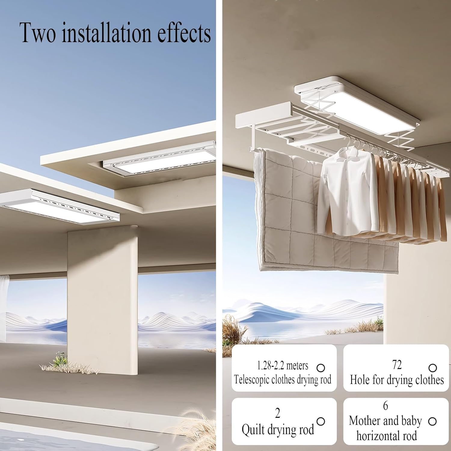 Indoor Clothes Drying Retractable for Hanging More Clothes, Drying Rack Clothing Foldable Small Spaces with Lightening and Low Noise Design, Ceiling Mounted,