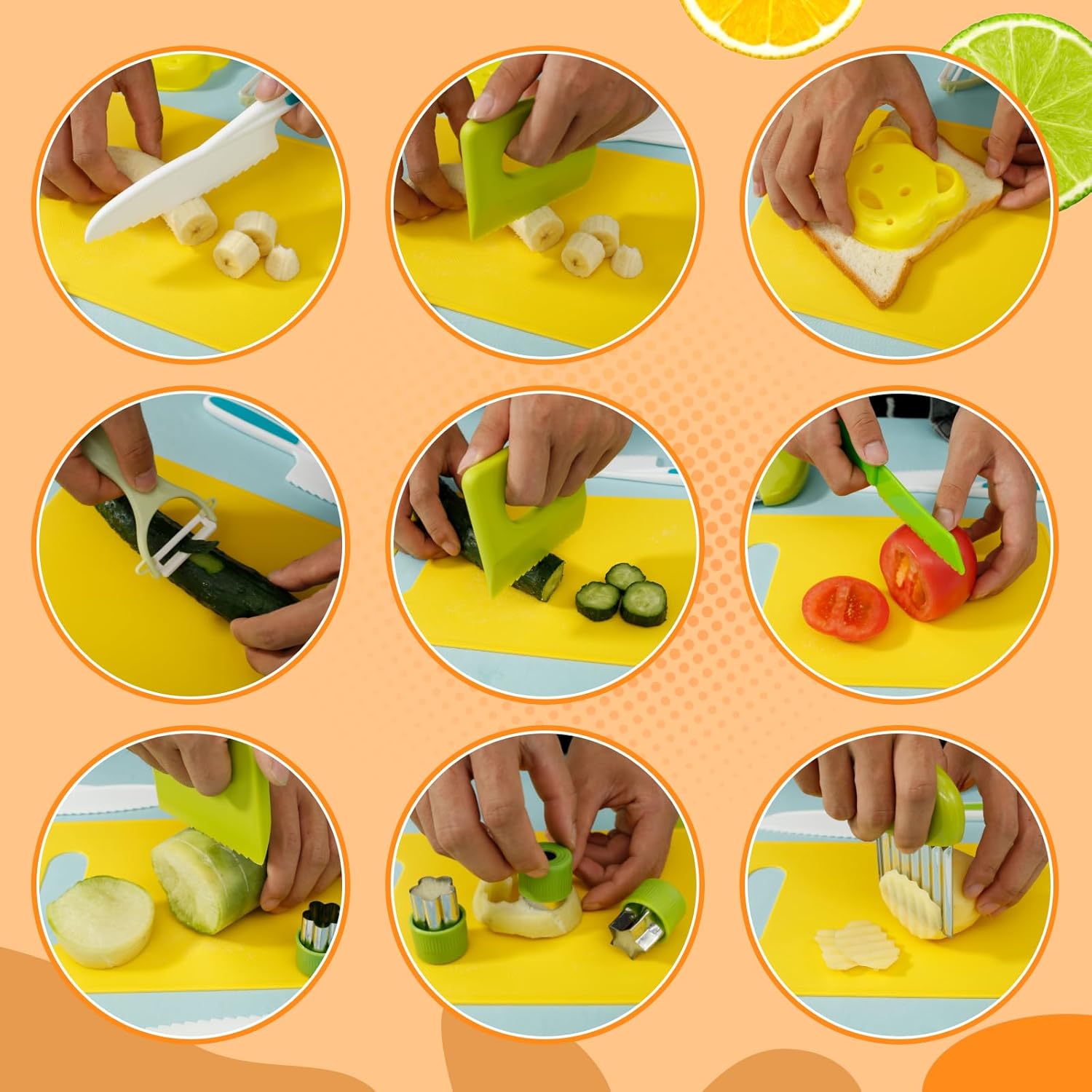 Kids Safe Knife Set, 14 Pieces Montessori Kitchen Tools for Toddlers Kids Cooking Sets, Toddler Knife for Real Cooking with Safe Knives/Kids Cutting Board/Peeler/Apron (14 pcs)