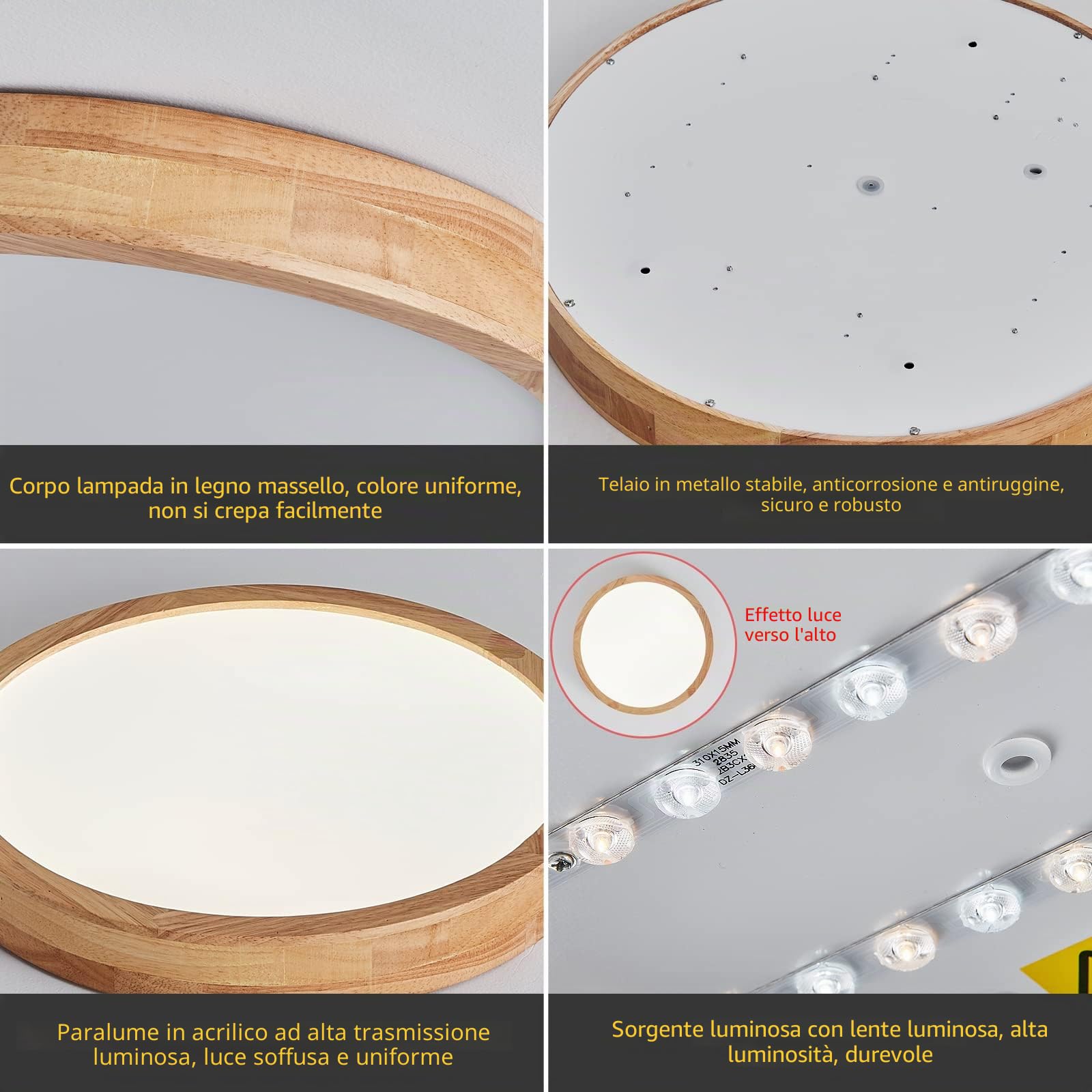 Plafoniera a LED in legno, 21 W, bianco caldo, 3000 K, 1600 LM, luce rotonda in legno, Ø30 cm, per salotto, cucina, sala da pranzo, corridoio, casa, ufficio, camera dei bambini