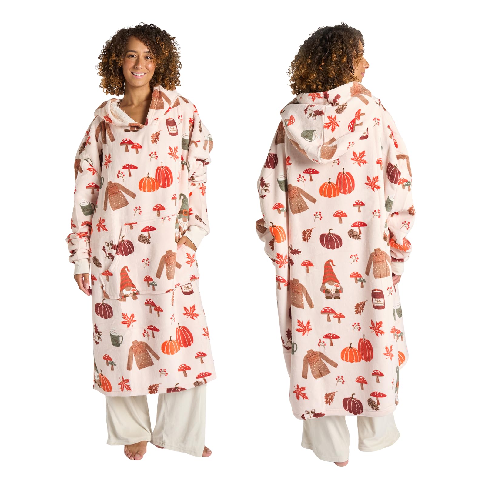 Ohs Women's Beige Extra Long Hoodie Blanket, Halloween Gifts For Pumpkin Autumn Print Soft Sherpa Fleece Warm Cosy Oversized Wearable Blanket With Pockets Sleeves Giant Sweatshirt For Adult Men,