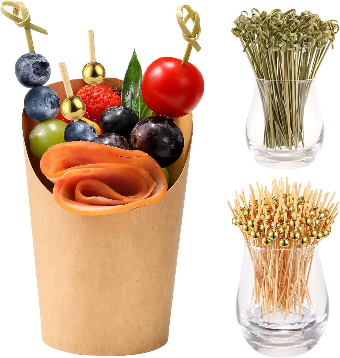 100 Pcs Charcuterie Cups with Skewers, 12 Oz Paper Snack Appetizer Cups | Disposable Popcorn Cones with Cocktail Picks, French Fry Holder Brown Kraft Boxes, Party Board Favor(100 Cups + 200 Sticks)