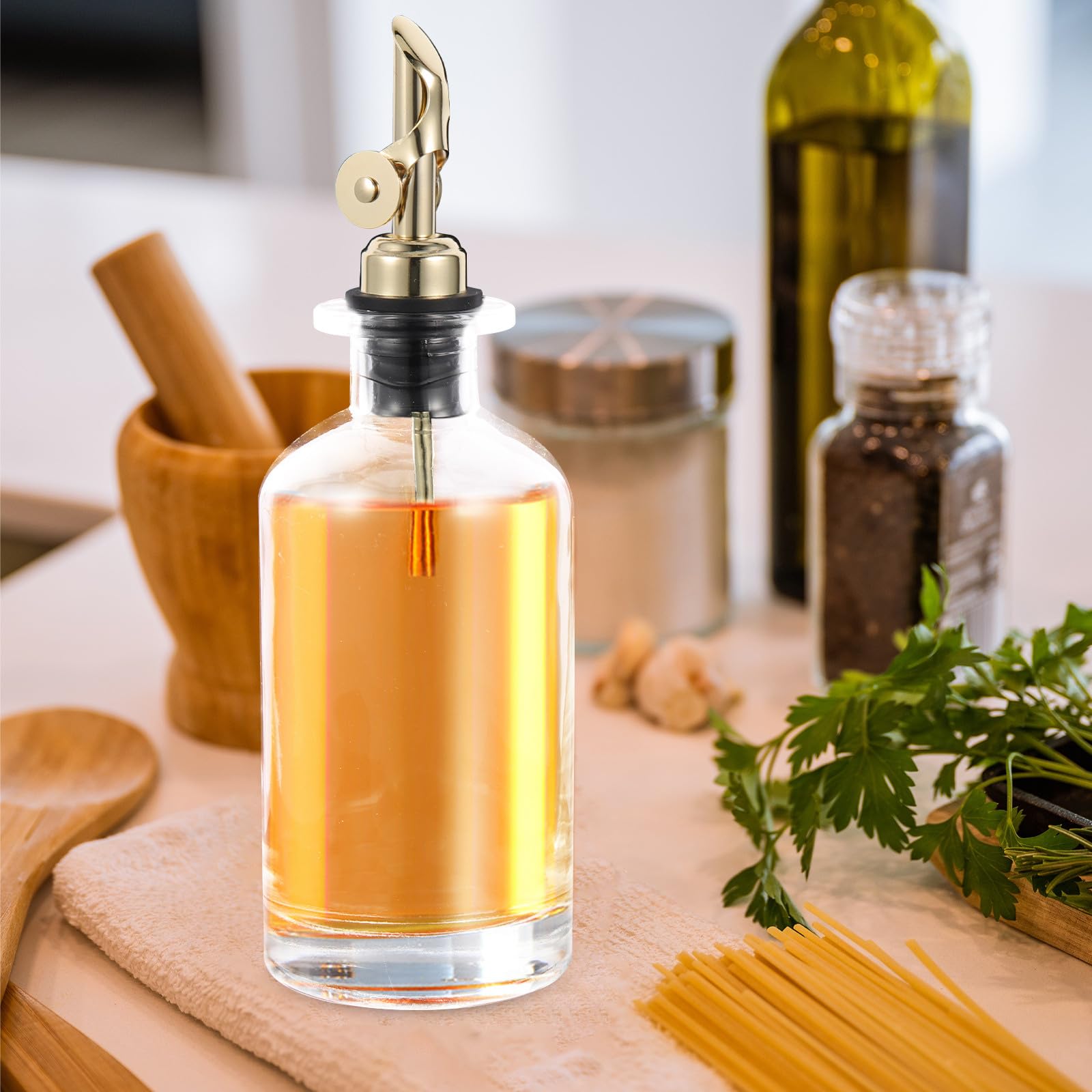 Botellas de Vidrio para Aceite y Vinagre 350ml, Dosificador Automático Boquilla Dorada Antigoteo, Set de 2 Unidades para Cocina y Restaurante, Dispensador Controlado para