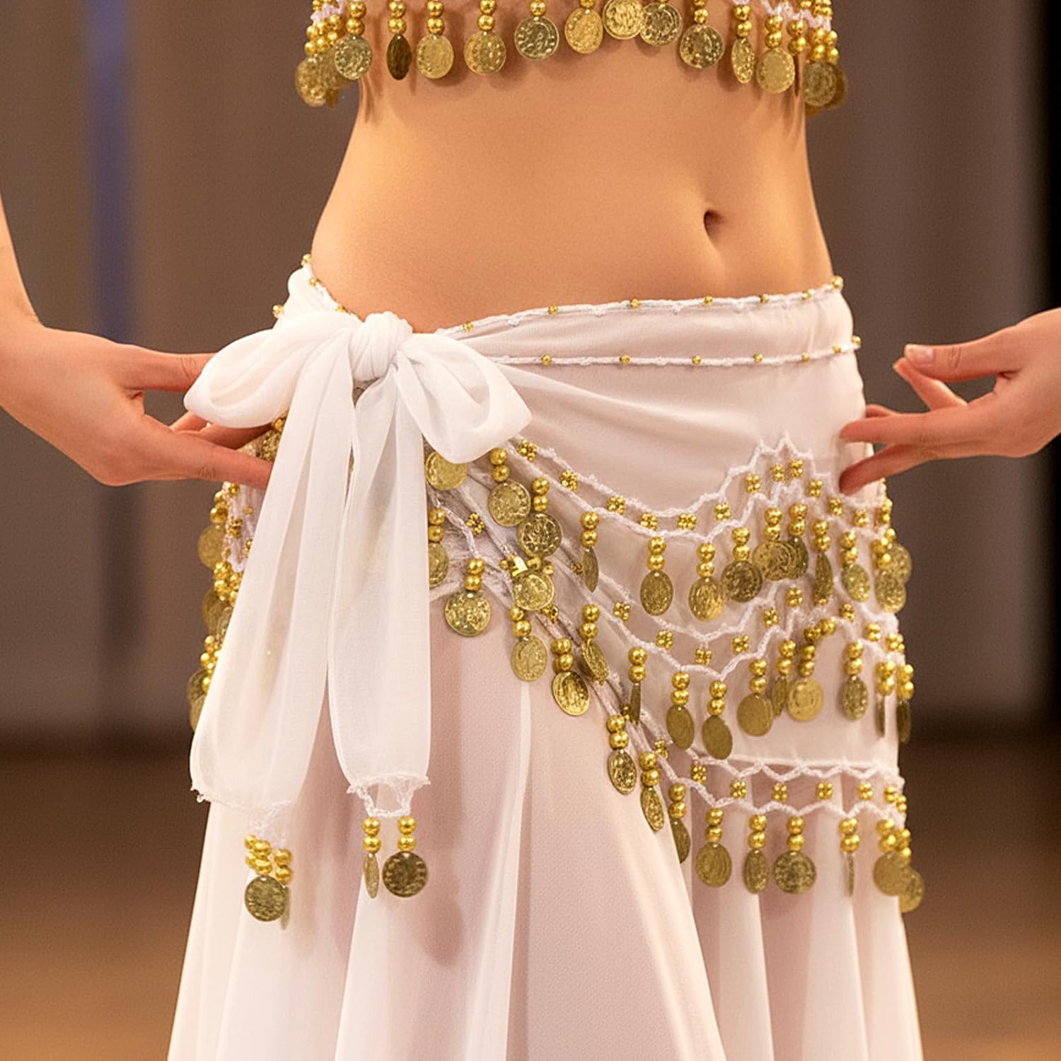 4 Pcs Belly Dance Hip Scarf, Belly Dancing Skirt with 128 Gold Coins, Belly Dancer Belt Scarf Skirt for Women 8 Colors