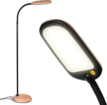 Brightech Litespan Slim LED Floor Lamp - Modern Reading Light Over Chair for Living Rooms & Offices, Tall With Adjustable Gooseneck, Crafts Work Light, Dimmable Standing for Bedroom - Wood
