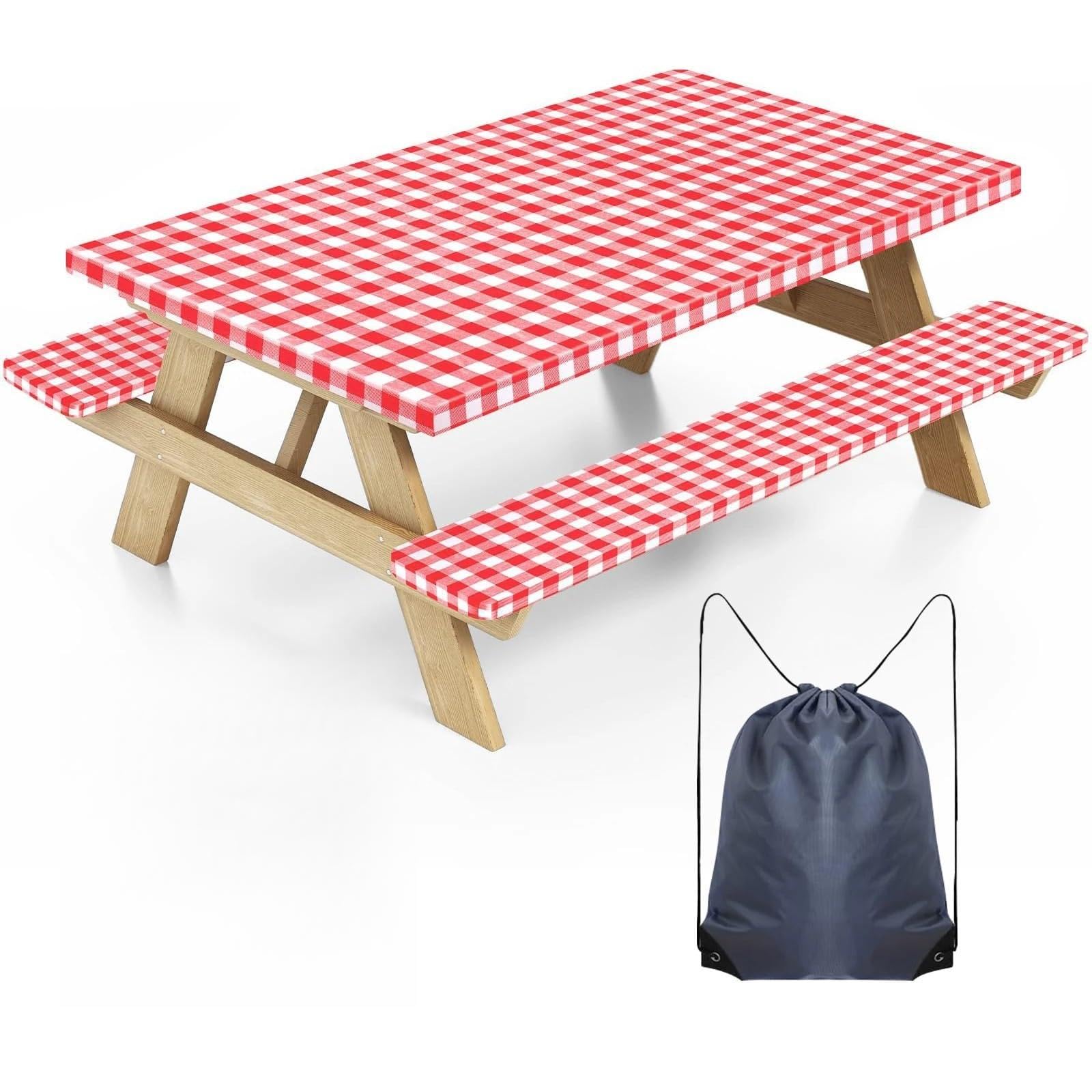 FOAAXSG Tablecloth Plaid Picnic Table Cover with Bench Covers, Waterproof Elastic Fitted Tablecloth for 183CM Rectangle Camping(Color14)
