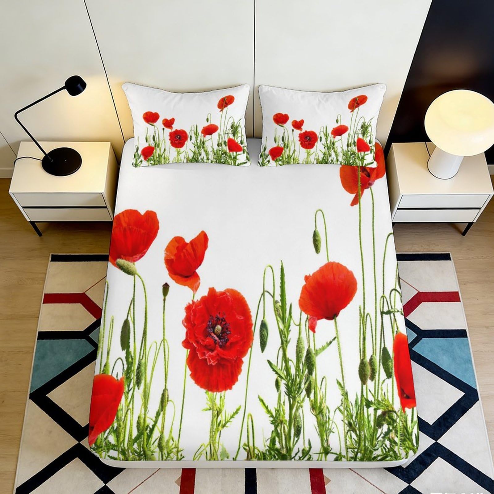 3D Printed Red Poppy Flower Fitted Sheet Microfiber Soft Breathable Wild Grass Mattress Cover for Bedroom Decor 180x200x25cm