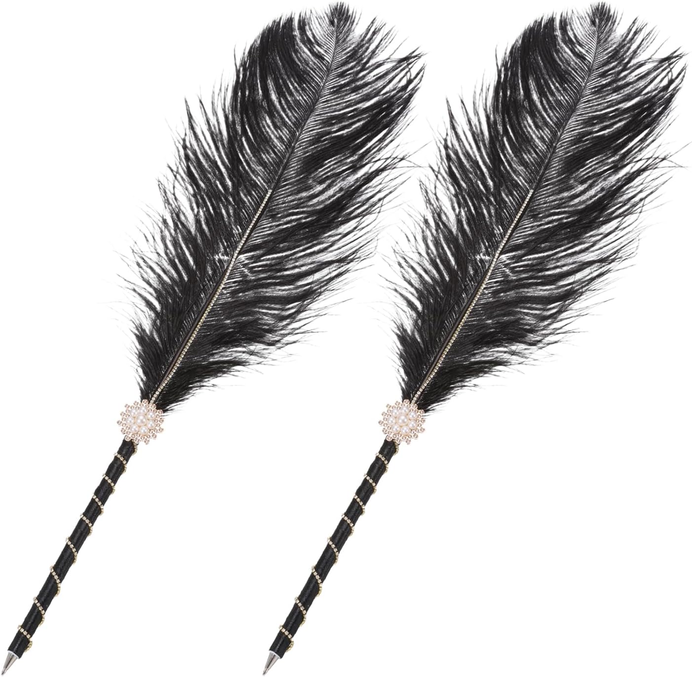 PATIKIL Feather Pen, 2Pcs Ostrich Vintage Feather Quill Pen 1mm Black Ink Signature Ballpoint Pens Fluffy Crystal Pearl Ribbon Design for Wedding Bridal Party Signing Writing, White
