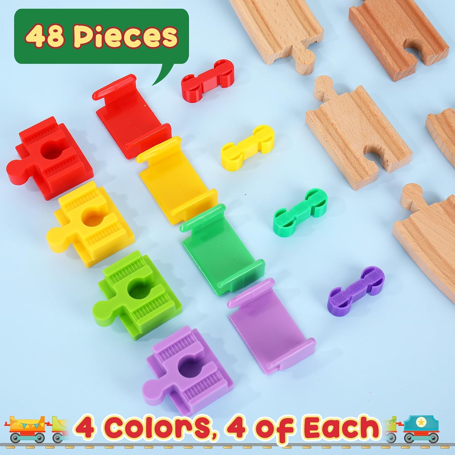 JarThenaAMCS Wooden Train Track Accessories 48Pcs Plastic Track Connectors Toy Trains Expansion Pack for Most Major Toy Train Tracks Railway (Red, Yellow, Green, Purple)