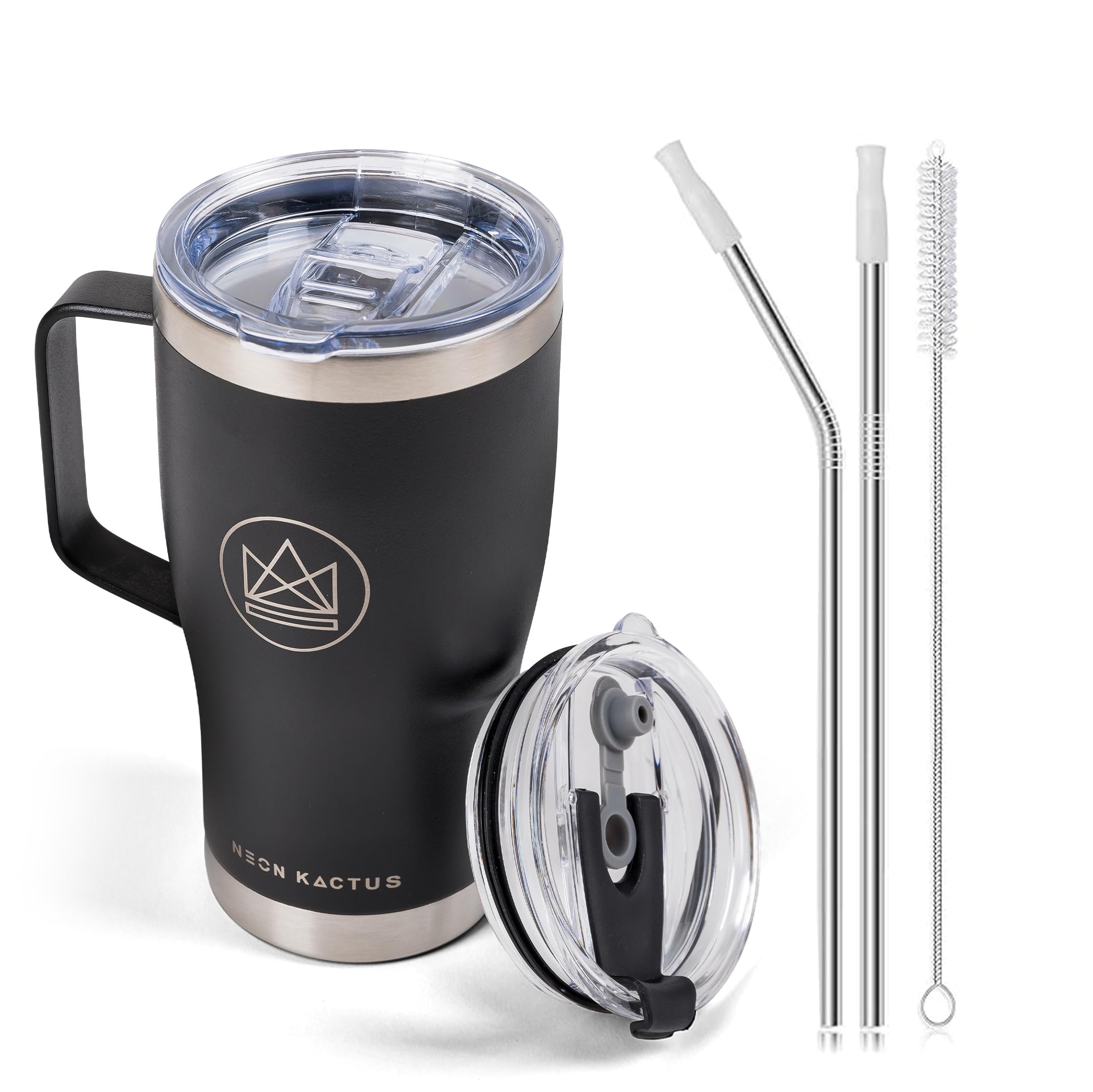 Neon Kactus600ml/20oz Insulated Travel Mug with Handle, 2 x Stainless Steel Straws & 2 x Spillproof Lids, Vacuum Double Wall Stainless Steel Tumbler for Hot & Cold Drinks - Rock Star