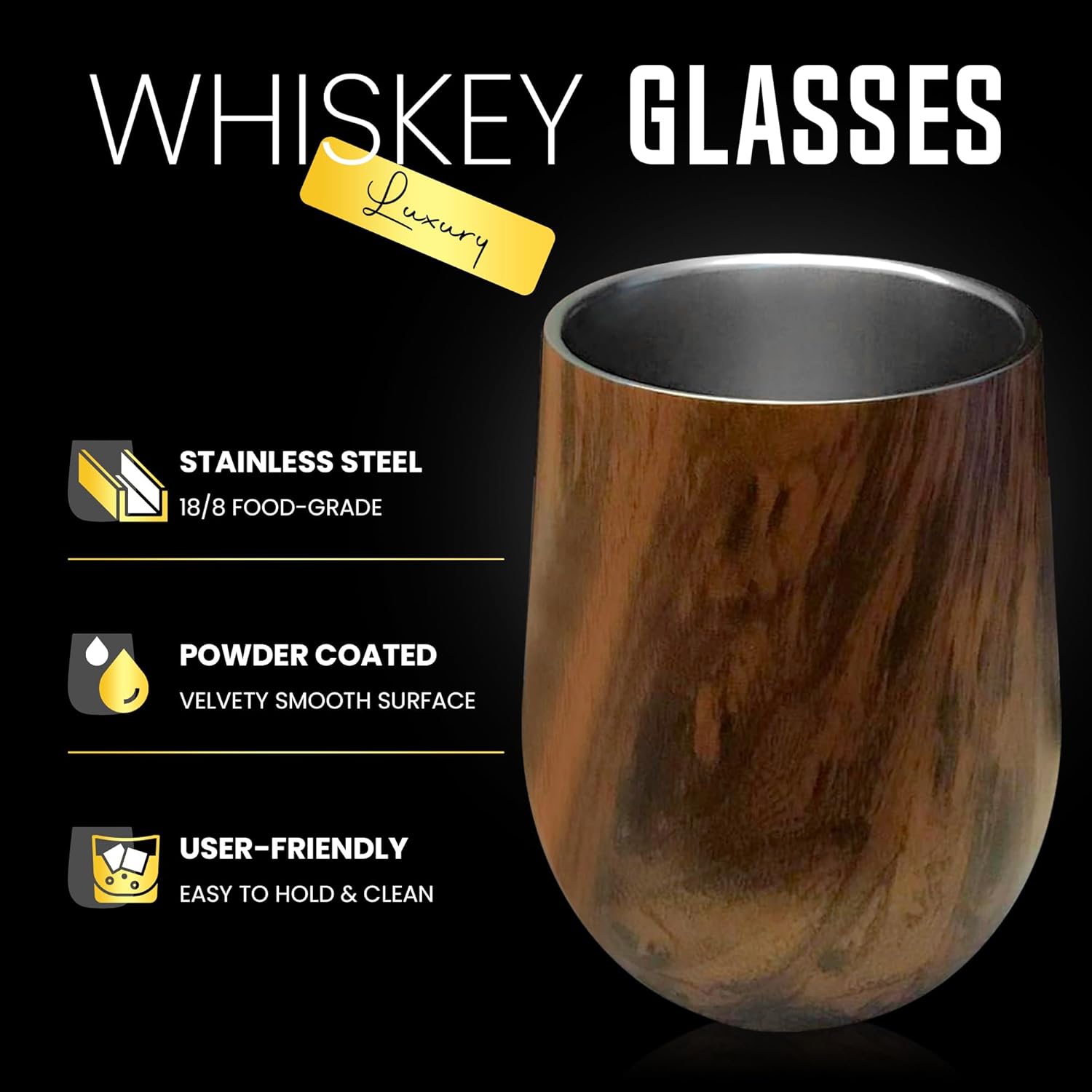 Double-Wall Insulated Whiskey Glass - 12 oz Stemless Nosing Stainless Steel Whisky Glass - Gift for Bourbon and Whisky Lovers (Walnut - Pack of 2) - Image 2