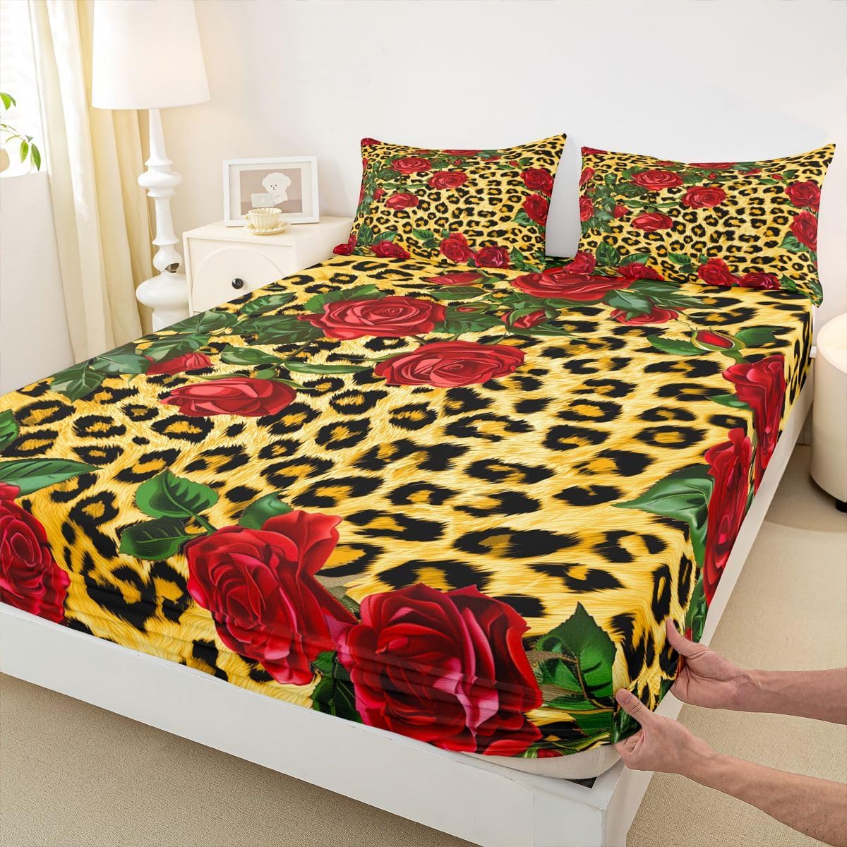Erosebridal Navy Leopard Print Bed Sheets Red Blue Black Fitted Sheet Queen Size, African Animal Fur Sheets Chic Floral Bedding, Wild Cheetah Print Bed Cover for All Seasons (Deep Pocket)