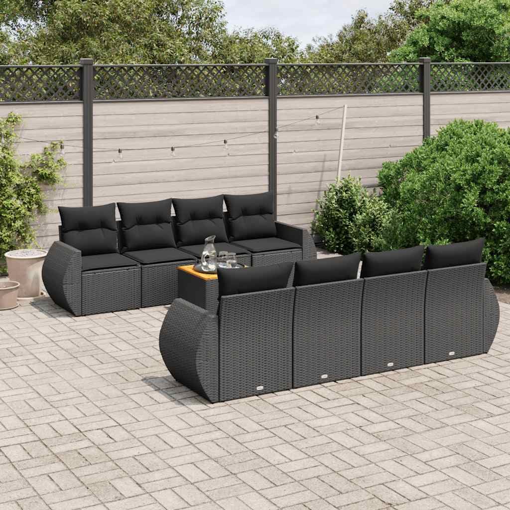 Set da giardino modulare in rattan PE nero con cuscini e piano in legno di acacia