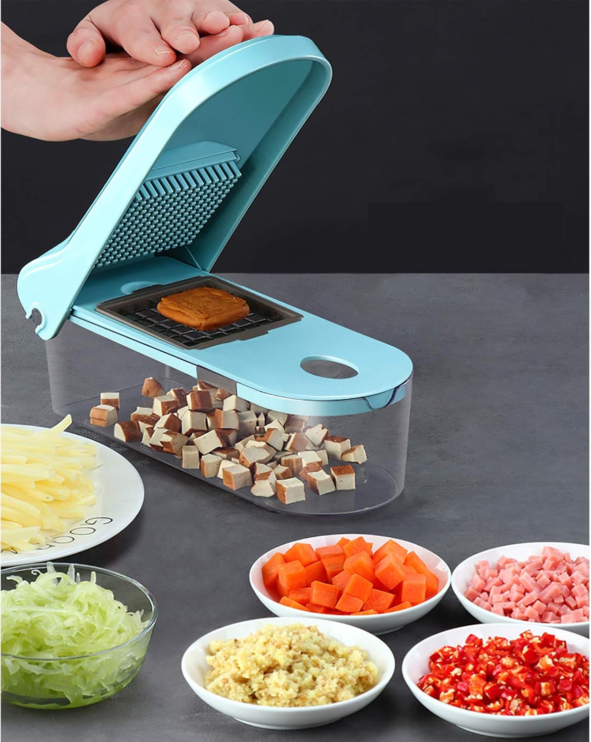 Manual Vegetable Chopper Garlic Chopper Kitchen Mandolin Slicer for Cucumber Tomato Potato Carrot Ginger Onion Grinder Chopper Slicer with Clean Brush and Hand Guard Blue 27 x 11 x 10 cm