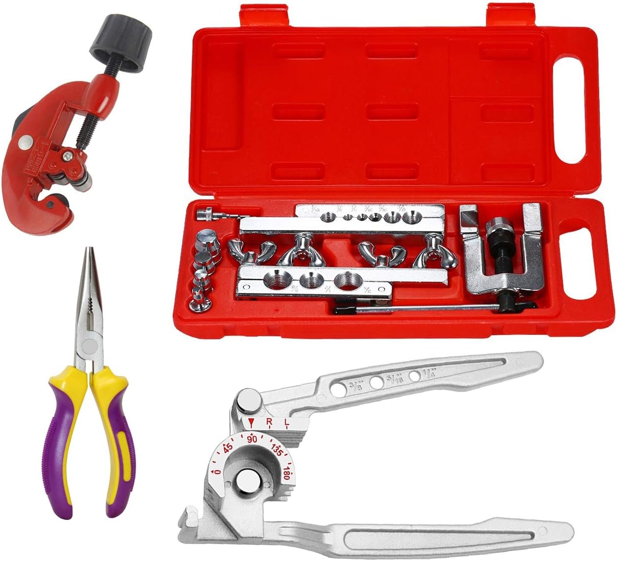 Digital Craft 8PCS Heavy-Duty Flaring Tool Kit | Manual Double Flaring Expander Set | Steel Tube Swaging Kit with 3-in-1 Tubing Pipe Bender, 3-28mm Copper Pipe Cutter & Nose Plier