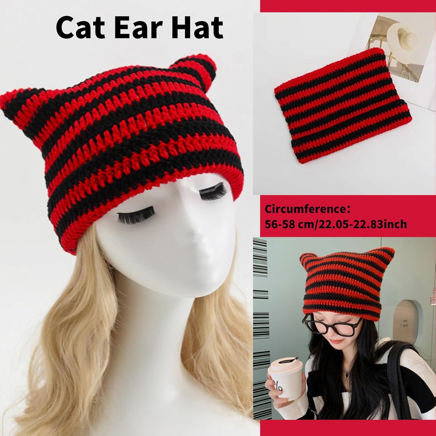 Therian Stuff Cat Ear Beanie Knitted Striped Arm Warmers Leg Warmers Y2k Emo Grunge Accessories - Image 2