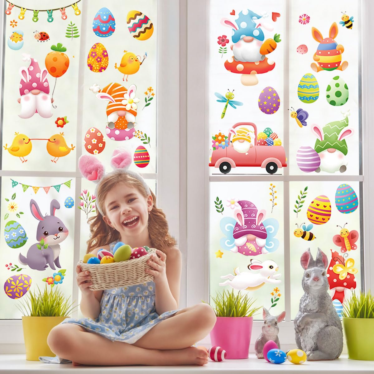 137 Adesivi Decorativi Per Finestre Pasquali, 9 Fogli PVC, Motivi Coniglietto E Primavera, Visibili Su Entrambi I Lati, Riutilizzabili - 4