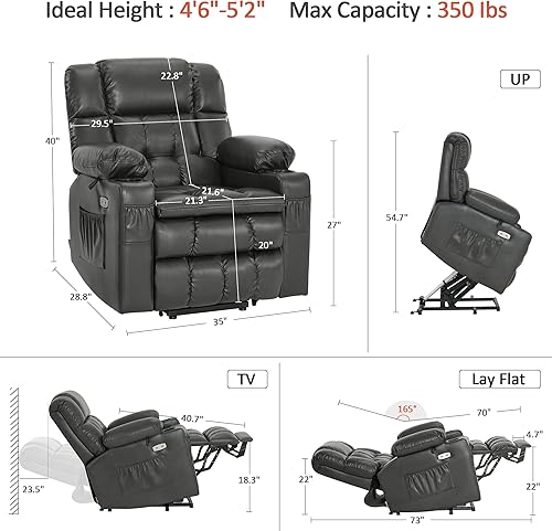 Miniatura 167 de MCombo Silla reclinable eléctrica de doble motor para personas mayores, silla elevadora plana con calor y masaje, portavasos, puertos USB, piel