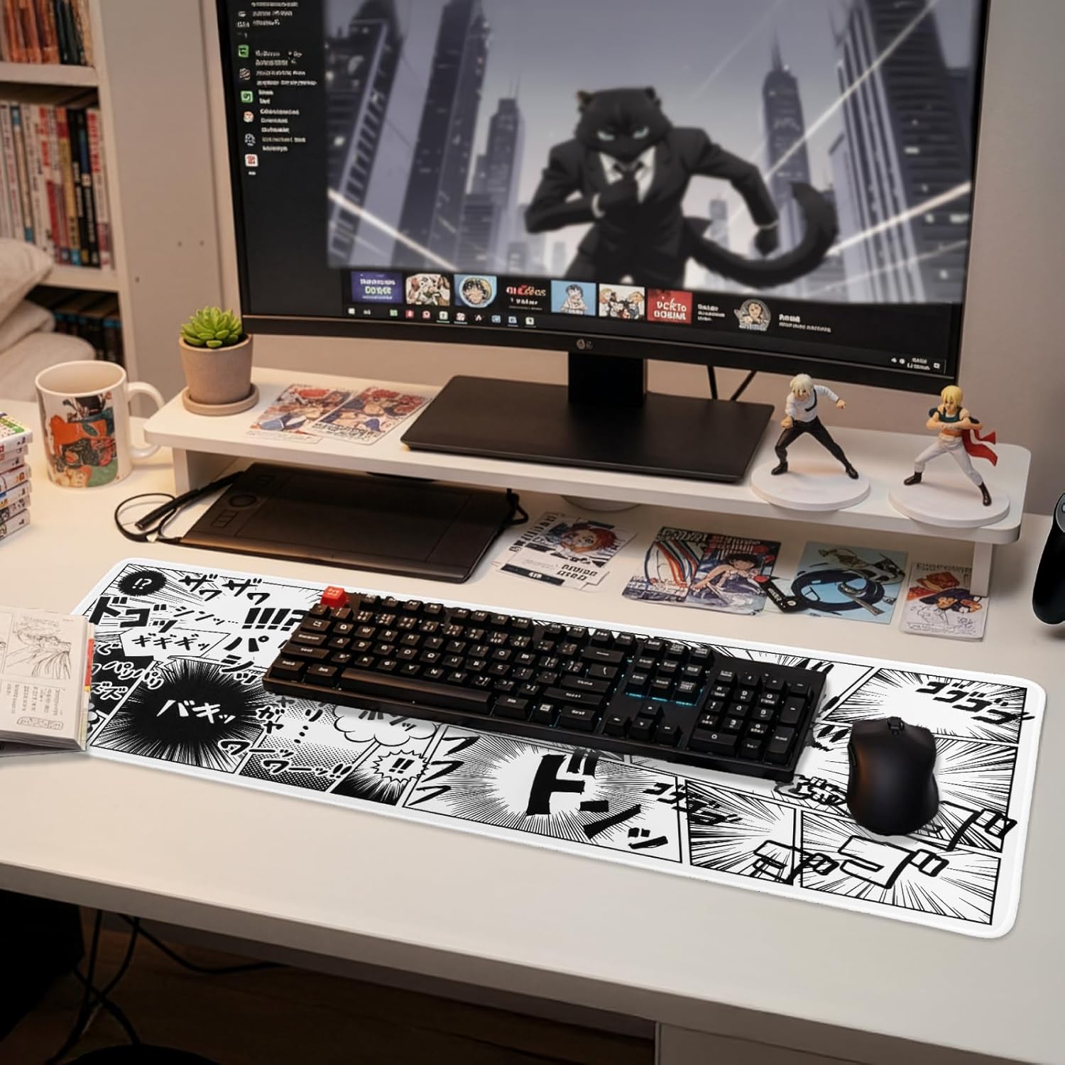 BELLEMOND Japanese Art Desk Mat | Large 31.5x11.8in Anime Mouse Pad for Keyboard & Mouse | Non-Slip Base, Water-Repellent | Original Japanese Design | Manga Burst