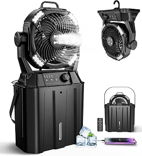 MONISEN Portable Misting Fan for Outdoors - 20000mAh Battery, 4 Spray Nozzles, Remote Control, 3 Lights, 4 Timers for Camping, Patio, Beach