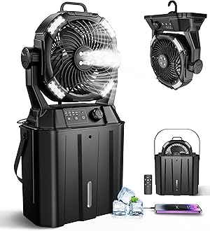 Misting Fan Portable for Outside, Camping Mister Cooling Fan for Outdoors Patios, Rechargeable Battery Operated Mist fans, 4 Spray Outlets, 3 Lights Modes, 4 Timer for Fishing/Golf/Garden/Party/Beach