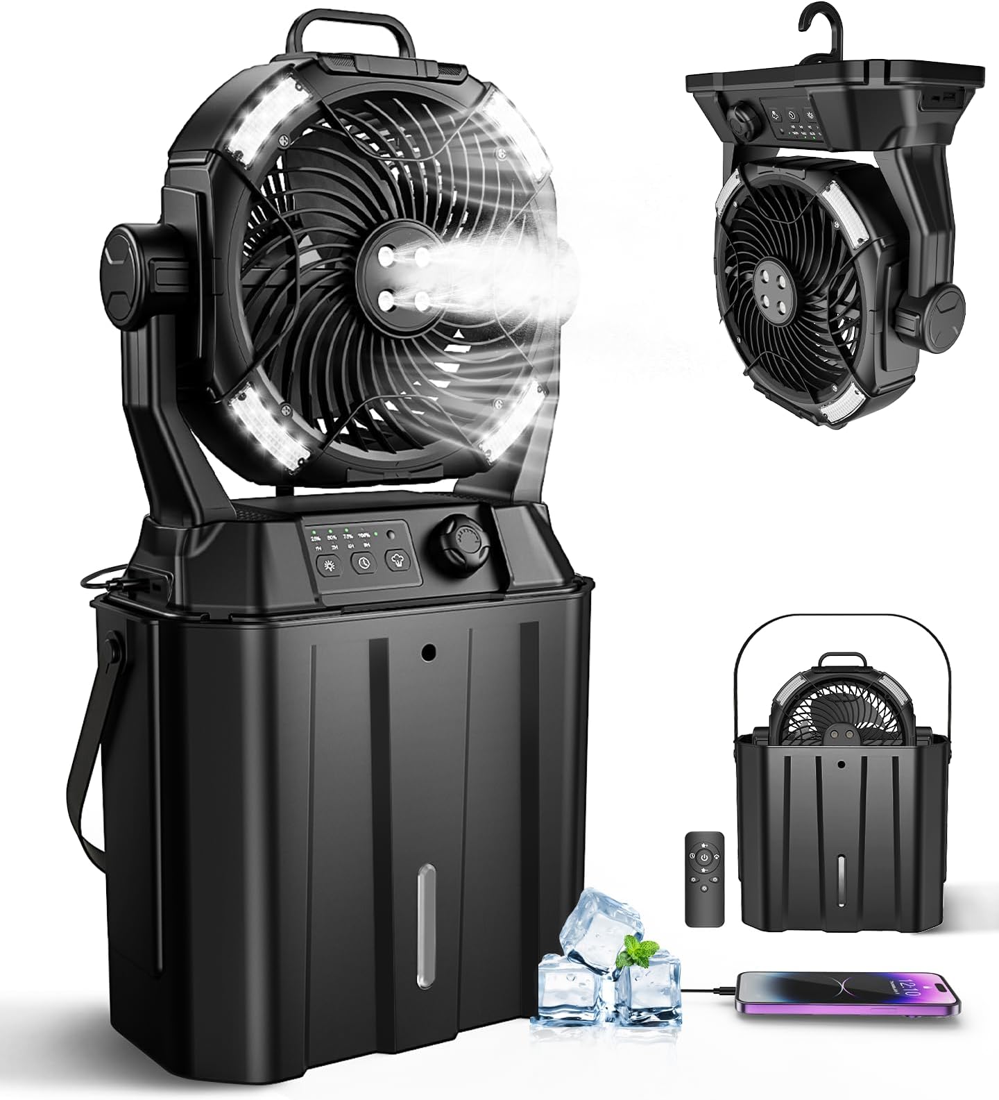 Portable Misting Fan with Remote, Camping Mister Fan for Outdoors Patios, Rechargeable Battery, 4 Spray Outlets, 3 Lights Modes, Stepless Speed and Timer for Fishing/Golf/Garden/Party/Office