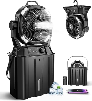 Misting Fan for Outside Patios, Rechargeable Battery Operated Mist fan, Camping Mister Fan With Remote, 4 Mist Nozzles, 3 Light Settings, 4 Timers for Fishing/Golf/Garden/Party/Tent/Beach