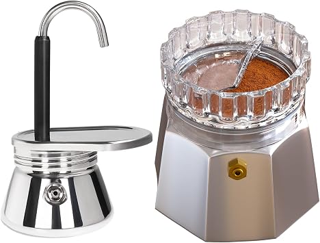 4 Cup Single Tube Moka Pot Uncoated Stainless Steel Stovetop Espresso Maker with Moka Pot Dosing Funnel Transparent Mocha Dispenser Precise Volume Control Perfect Extraction Ratio