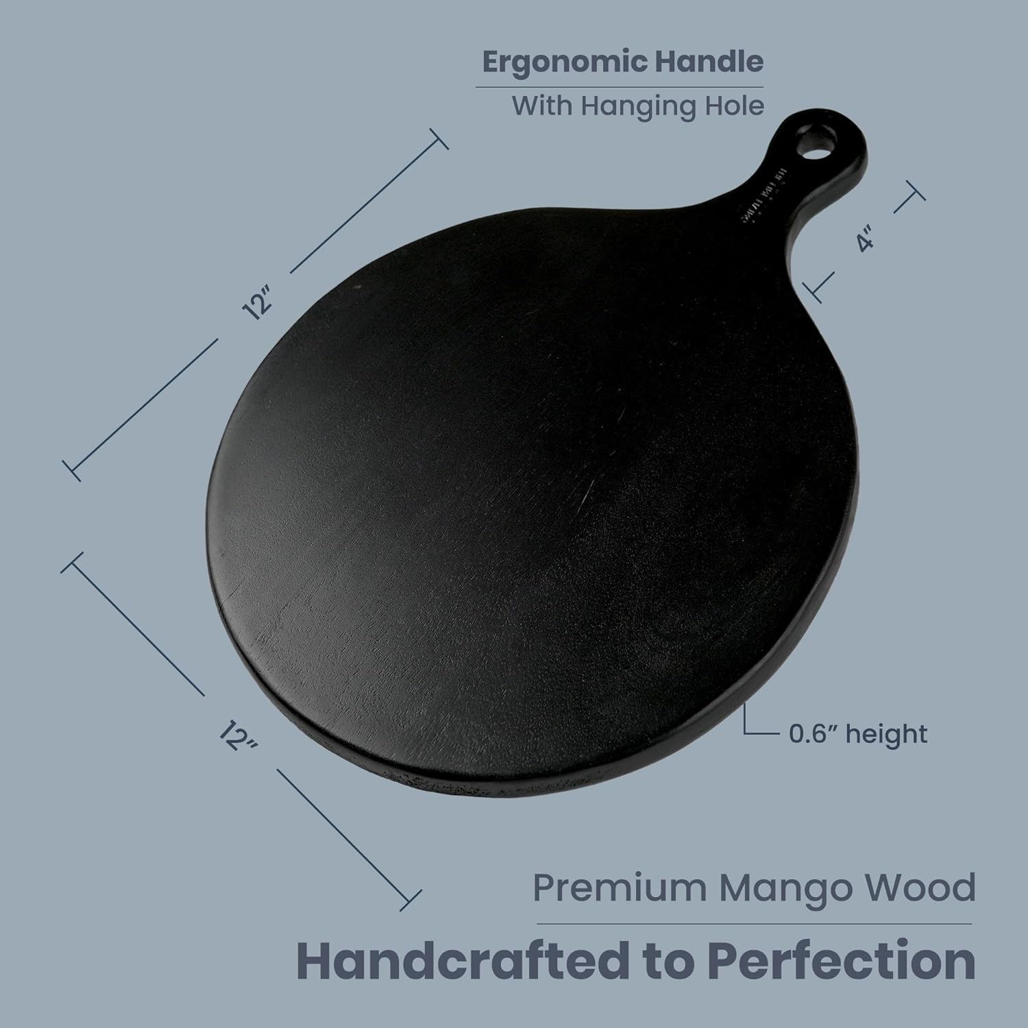 The Fine Living Co. Black Charcuterie Board, Round Paddle Board with Long Handle, Mango Wood Serving Platter for Meat, Pizza, Bread, Food-Grade Wooden Serving Trays, 16”x12”, 0.6" Thick
