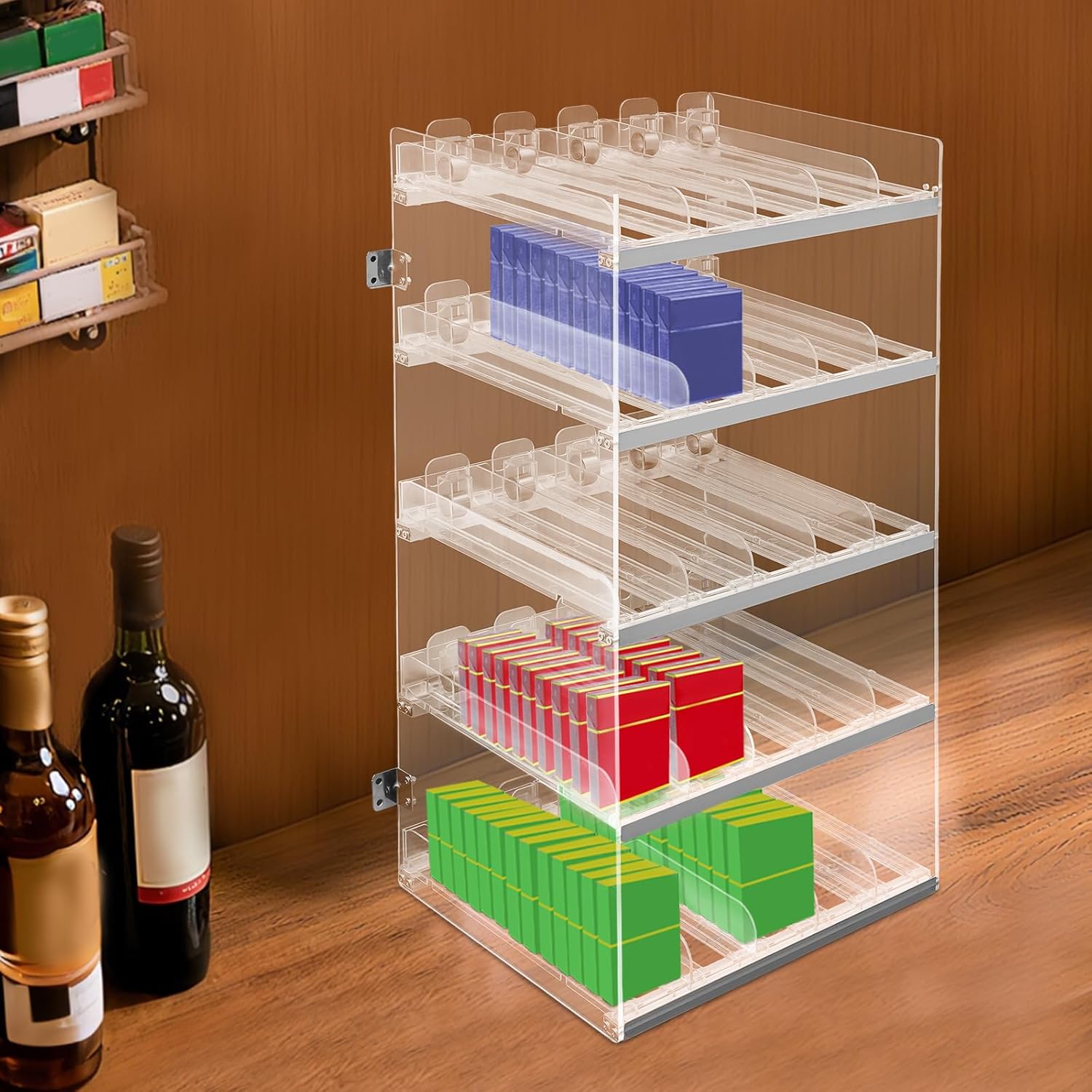 Cigarette Display Holder, Automatic Cigarette Pusher Holder, Clear Cigarette Display Stand Rack, Support Table Top Or Wall Mount, For Supermarkets, Convenience Stores, Bars, 12.4 * 11.18in