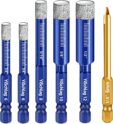 6-Piece Tile Drill Bits, Hex Shank Diamond Drill Bits 1/4" 5/16" 3/8" 1/2" | 6-Piece Diamond Drill Bit Set for Ceramic, Tile, Porcelain, Marble, Granite, Stone, Glass, Pot, Concrete, Hard Materials