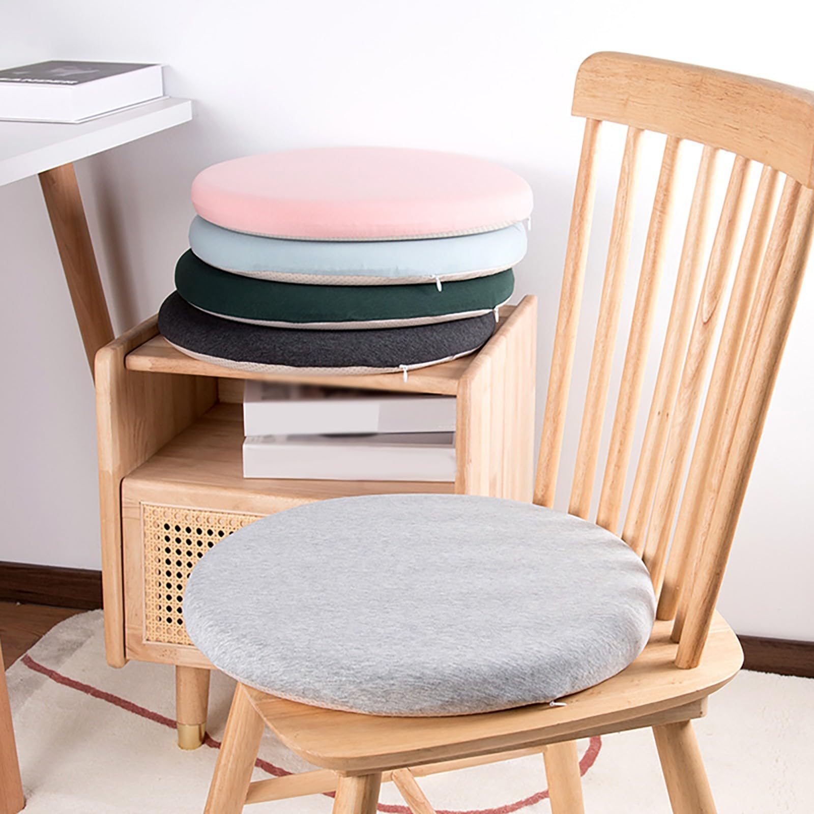 4er Set Sitzkissen Rund 35x35 cm - 3.5 cm Hoch rutschfest & Gemütlich Stuhlauflage - Abnehmbar & Waschbar Baumwolle Stuhlkissen für Wohnzimmer, Büro, Konferenzraum, Küche, Gartens, A-4er Hellgrau