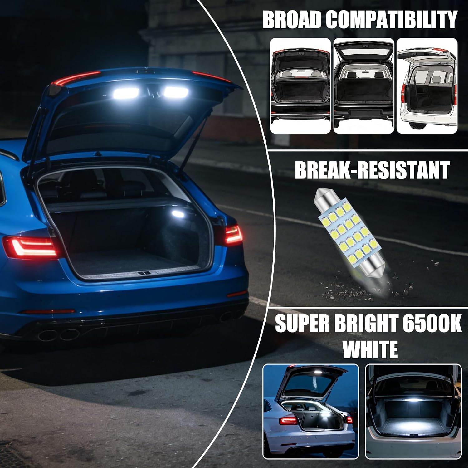 24PCS LED Interior Car Lights Kit - 42mm 36mm Festoon & T10 194 168 W5W T5 74 Canbus Error Free Super Bright 6000K White Dome Map Trunk License Plate Gauge Cluster Bulbs with Pry Tool