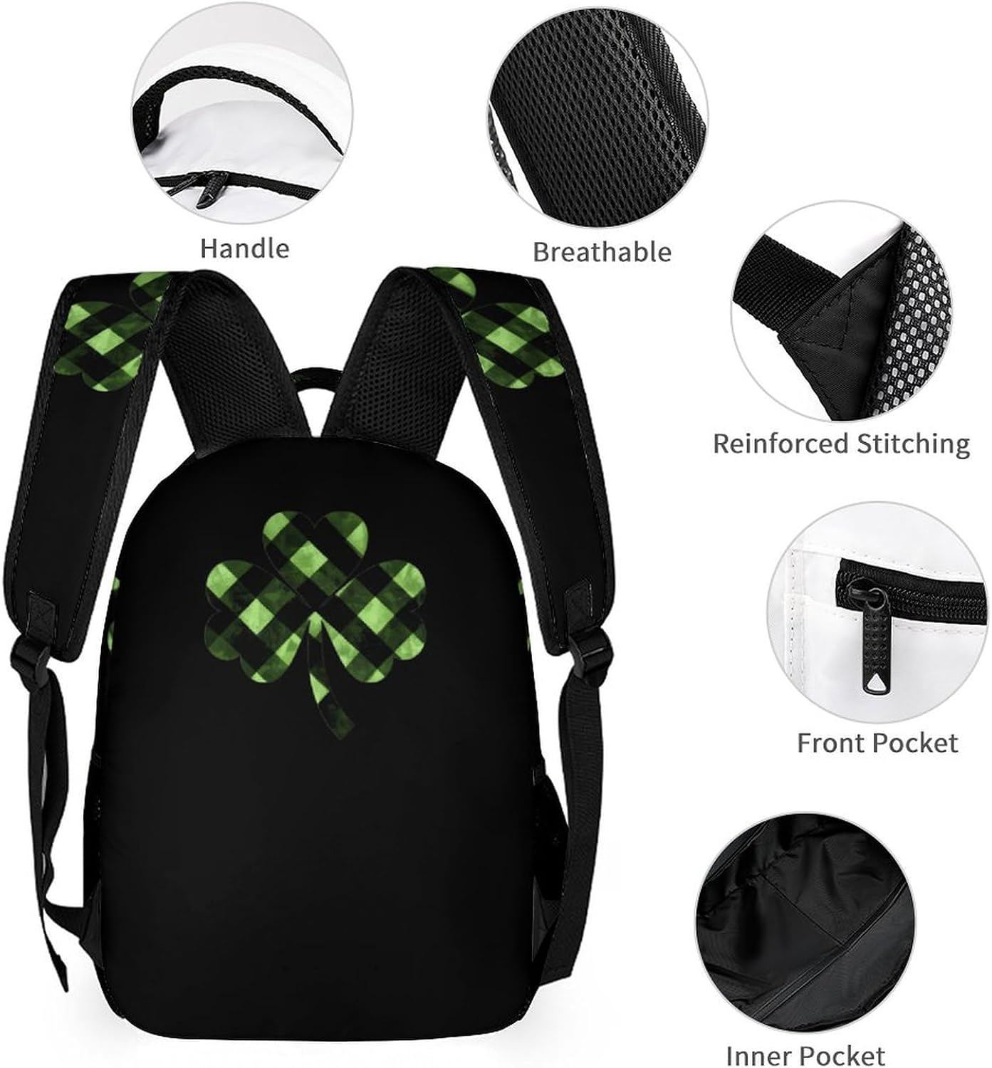 Green Buffalo Plaid Shamrock Cute 3 Piece Backpack Set Lunch Box image 3