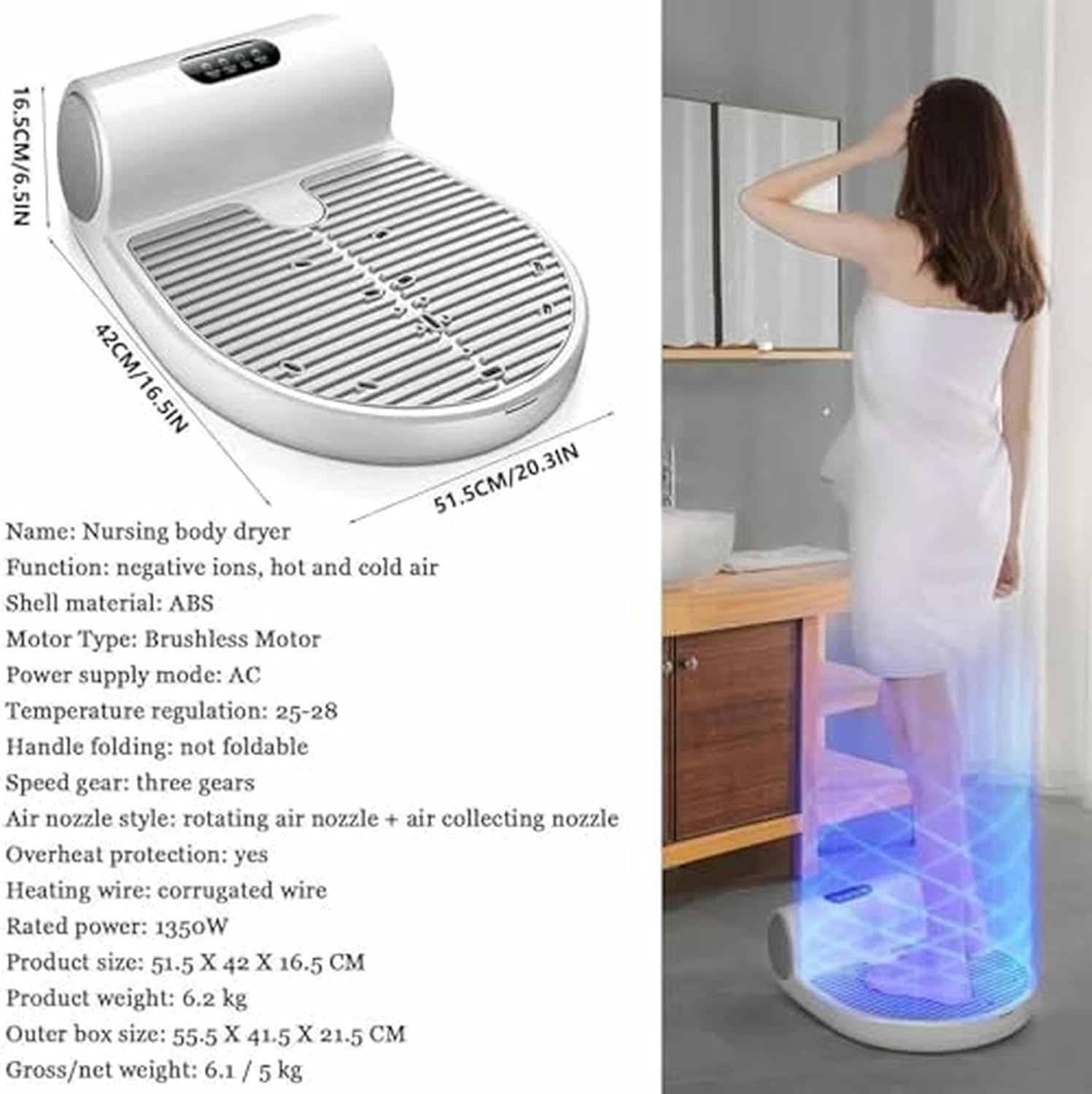 Full Body Dryer | Negative Ions Body Heater Blow Dryer | 2 Speeds Adjustable Cold/Warm air Body Care Dryer with LED Control Panel for Home and Bathroom