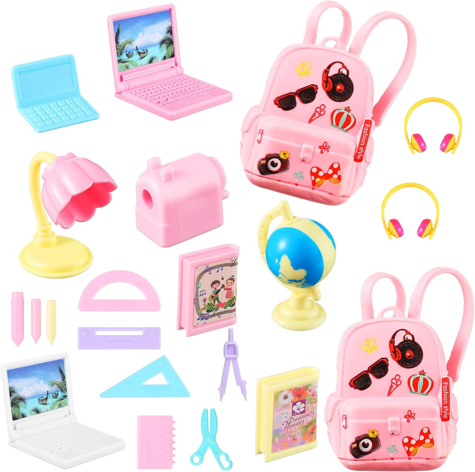 21 Pieces Doll School Stuff Mini School Supplies Doll School Accessories School Playset for Dolls Mini Pink Doll Backpack Desk Lamp Laptop and Headset for 11.5 Inch Doll