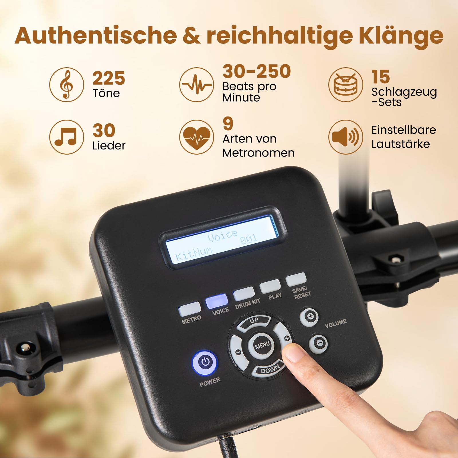 COSTWAY Zestawy E-Drum składane, 8-częściowy zestaw perkusyjny z padami mesh, 225 dźwięków i 30 demonstracji, metronom i USB MIDI, 2 pedały i 2 pałeczki perkusyjne, kompletny zestaw perkusji
