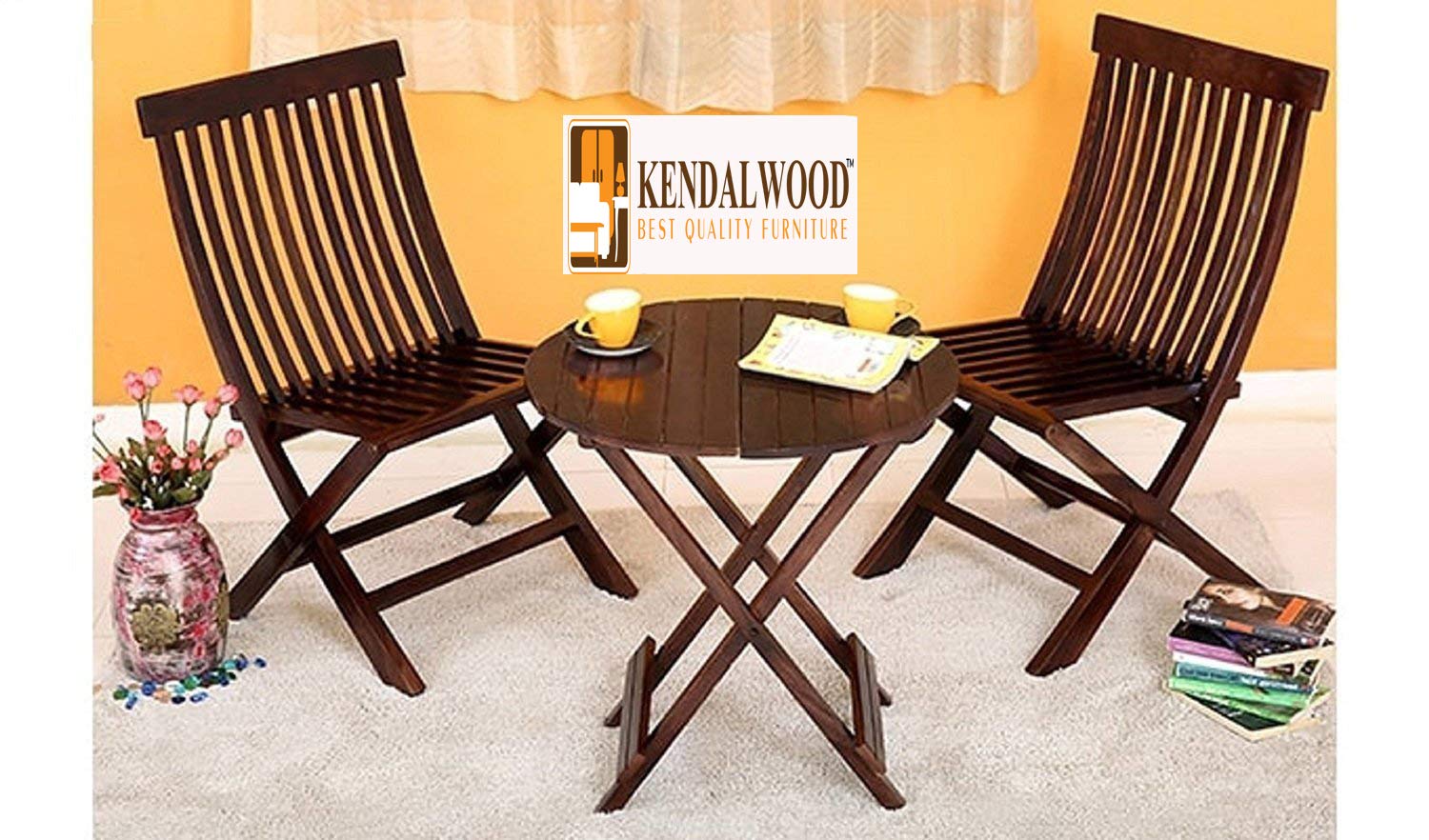 Hariom Handicraft Furniture Sheesham Wooden Foldable 2 Seater 2 Chairs and 1 Table for Living Room Furniture (Natural Walnut Finish)