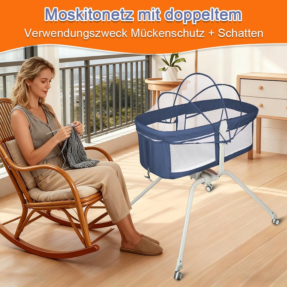 homewell 2 in 1 Babybett & Babywiege, Kinderreisebett, Stubenwagen Baby mit Moskitonetz, Reisebett für Babys, von 0 bis 9 kg, schnelle Montage (Marineblau)