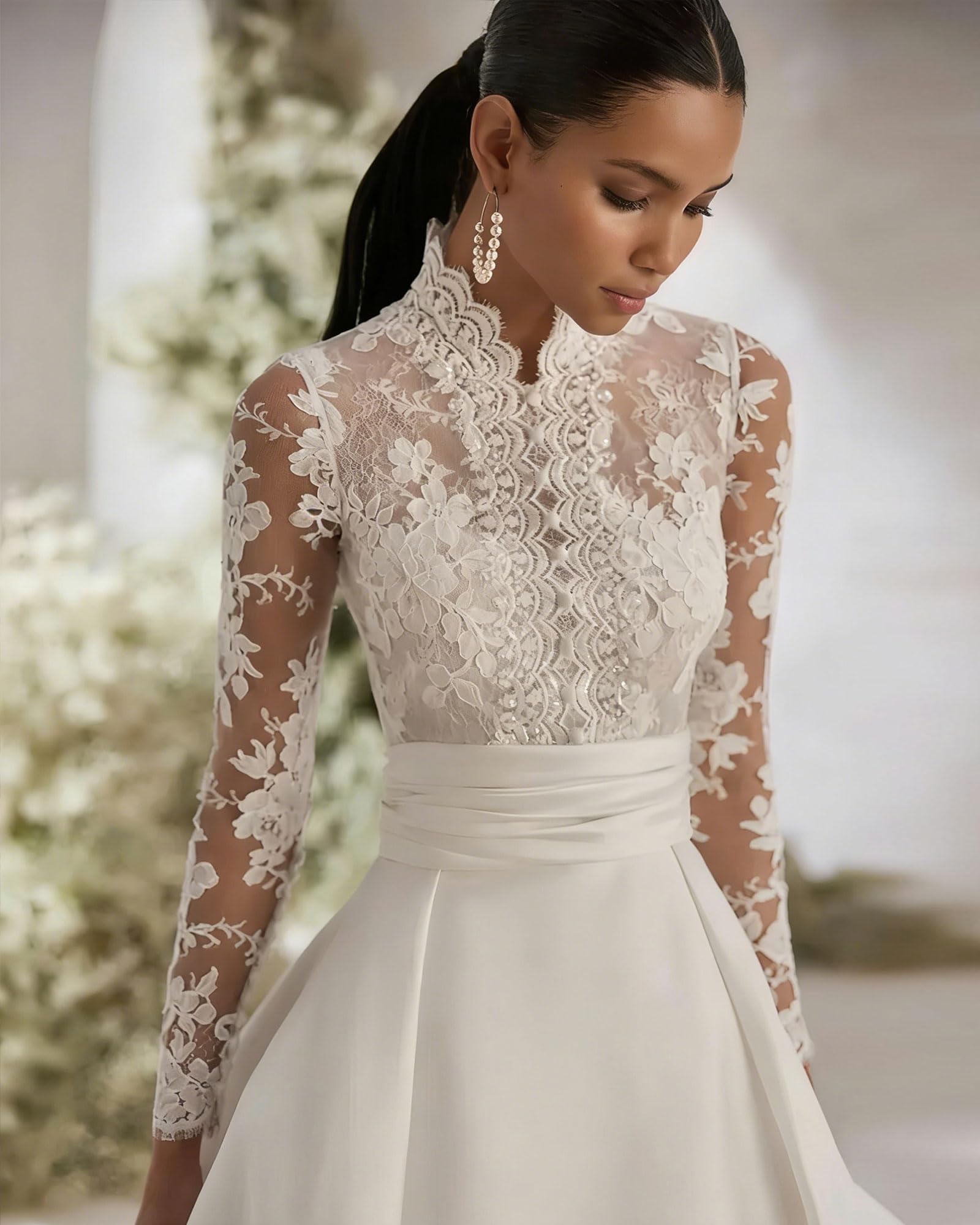 HUINI Satin Hochzeitskleider mit Stehkragen Spitzenapplikationen Lange Ärmel Brautkleider mit Schleppe