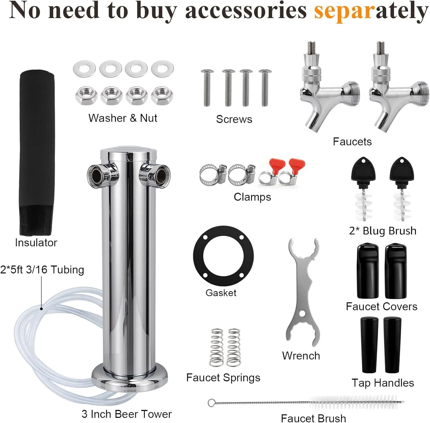 Dual Beer Tower Dispenser - Double Tap Kegerator Tower Draft Beer Tower Dispenser Pre-installed 5ft Beer Line Stainless Steel Core Faucet Double Keg Tap Beer Tower for 3" Kegerator Tower