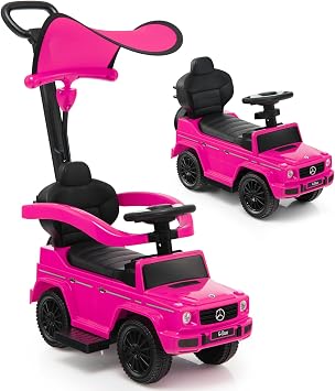 3 in 1 Ride on Push Car, Toddlers Sliding Along with Removable Handle, Adjustable Canopy, Guardrail, Underneath Storage, Horn and Sound Pink