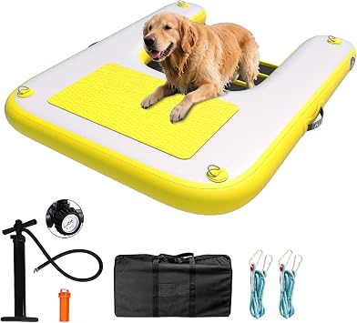 ALIFUN Inflatable Dog Ramp For Boat, Large Dog Water Ramp with Manual Pump, Non-Slip EVA Durable Floating Dock Ladder Up to 90 LBs, Pup Plank for Swimming Pool, Boat, Lake & Ocean 55"L x 39"W x 4"H