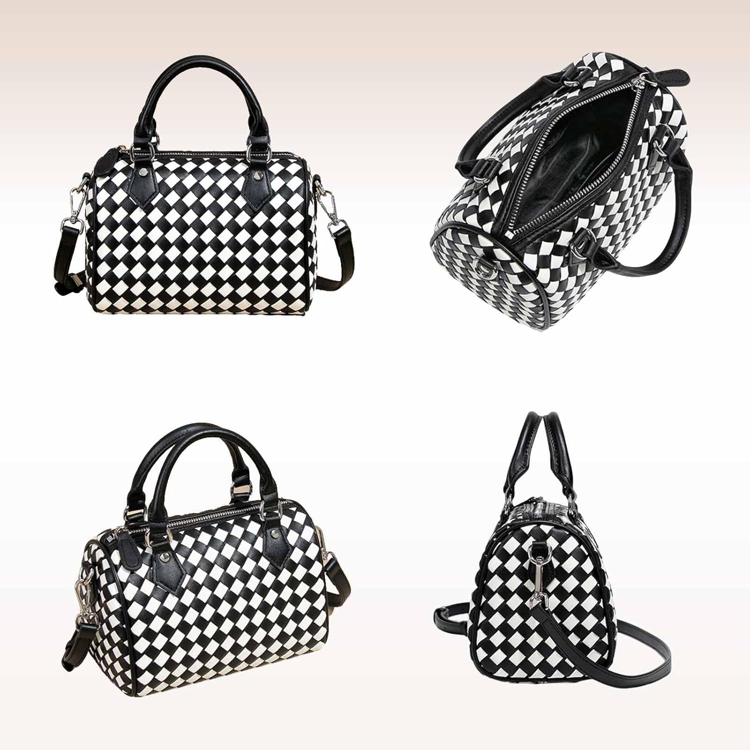 Small Woven Bags for Women Crossbody Purse Leather Barrel Bag Top Handle Handbag with Shoulder Strap - Image 4