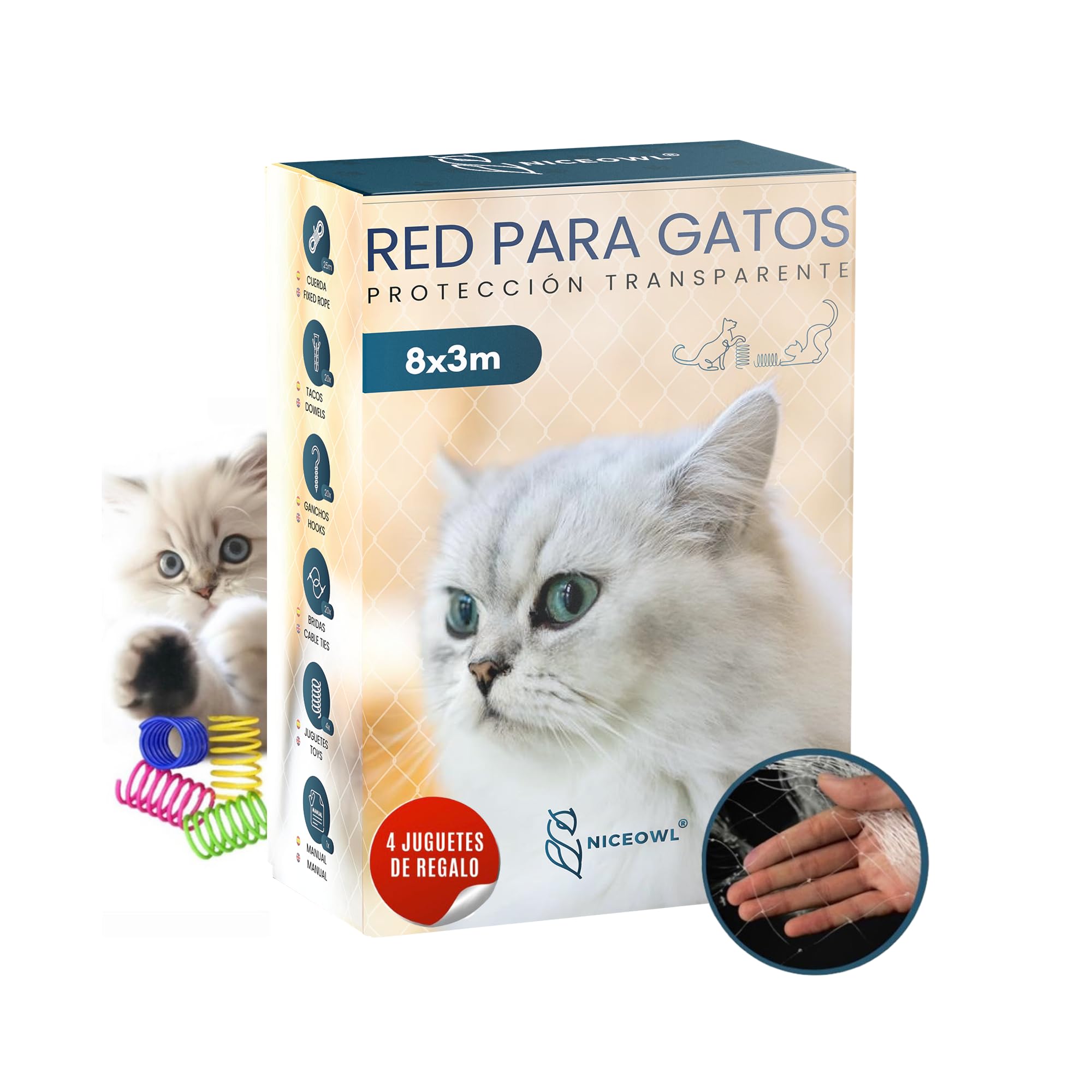 Red para Gatos Terraza 8x3m Transparente I Juguetes Gratis I Material Resistente a la Intemperie I Visibilidad Optima I Previene Caídas y Accidentes en Balcón, Terraza y Ventanas