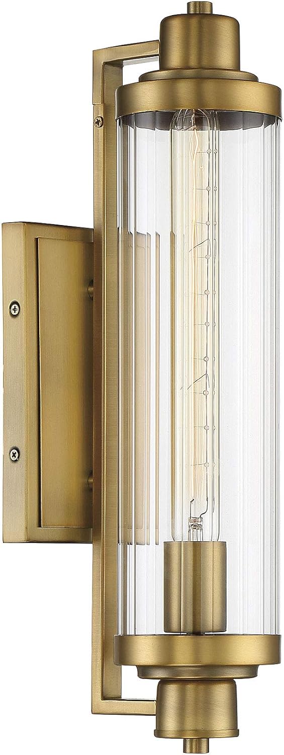 Savoy House 9-16000-1-322 Pike Industrial Vintage Clear Ribbed Glass Wall Sconce, 1-Light 60 Watt, 18" H x 5" W, Warm Brass